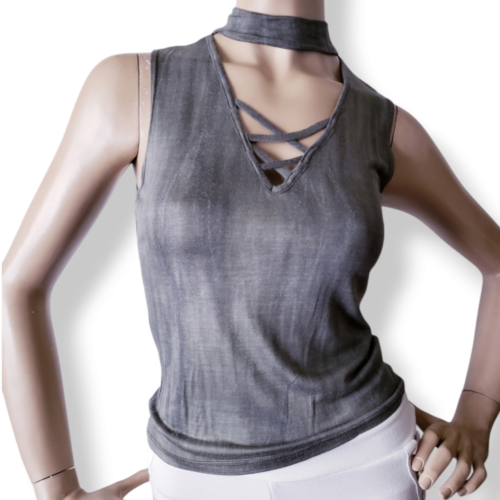 Ambiance Green Tie Dye Acid Wash Criss-Cross V-Neck Choker Top